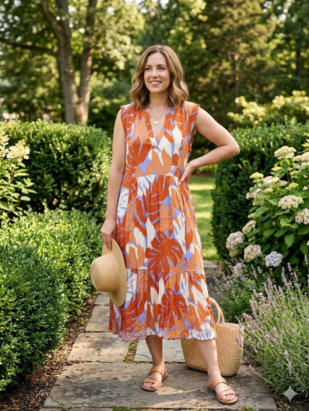 Democracy Orange Blue Botanical Leaf Print Sleeveless Tiered Midi Dress Medium